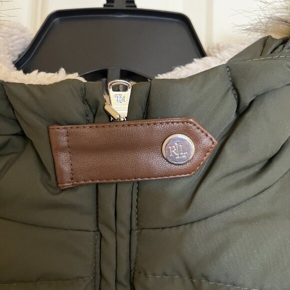 NWT Ralph Lauren women's Faux-Fur-Trim Hooded Down Puffer Coat - Olive Size PL - Picture 11 of 14